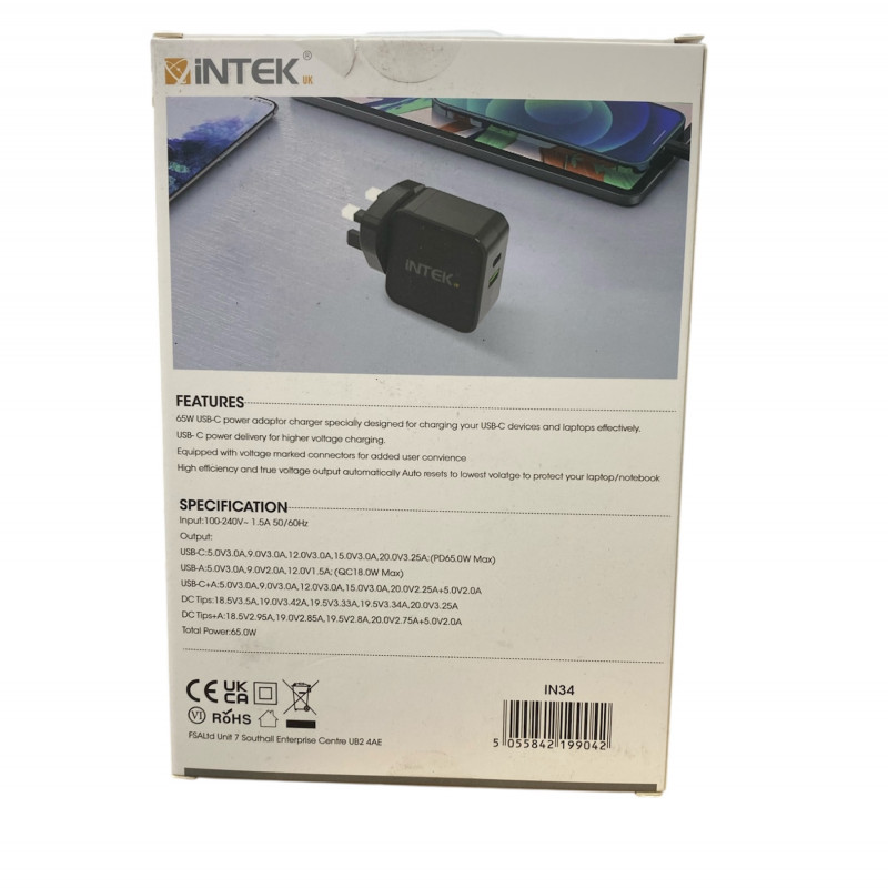 INTEK 65W UV  Universal Laptop Charger 12X Tips 